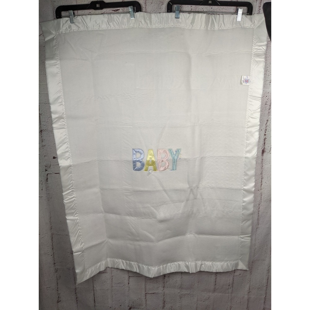 Vintage Quiltex Baby Blanket White Satin Trim Fleece ILGWU Made in USA Pastel